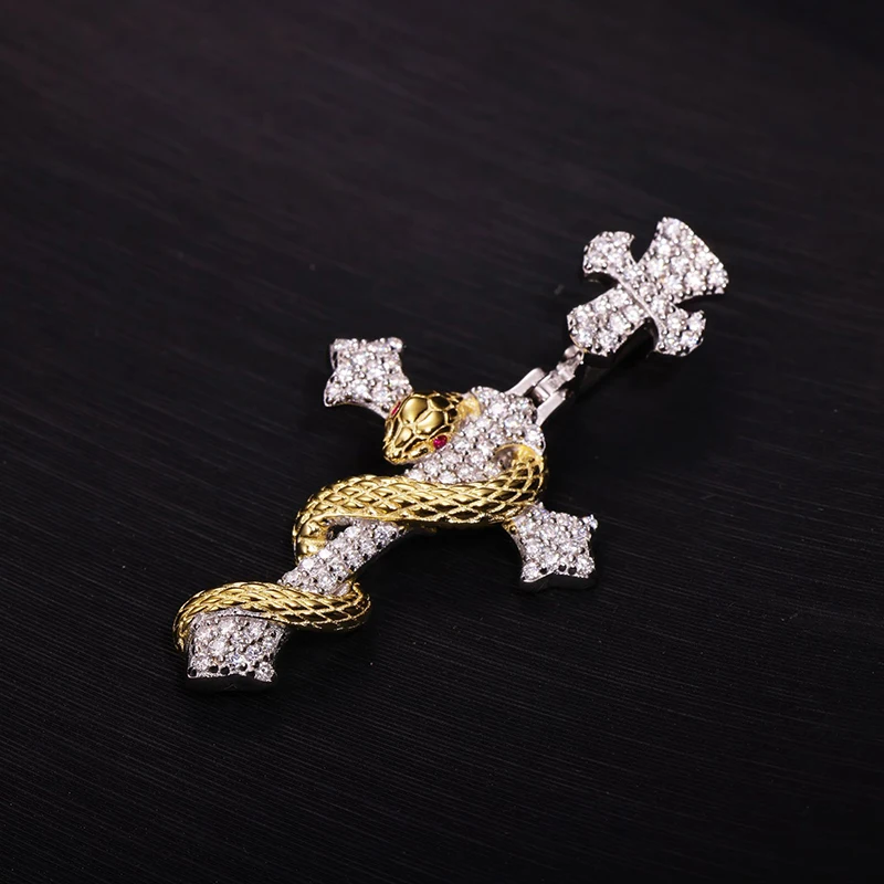 925 Sterling Silver Moissanite Bling Iced Out Snake Cross Pendant Necklaces For Men Hip hop Rapper Jewelry Gold Silver Color