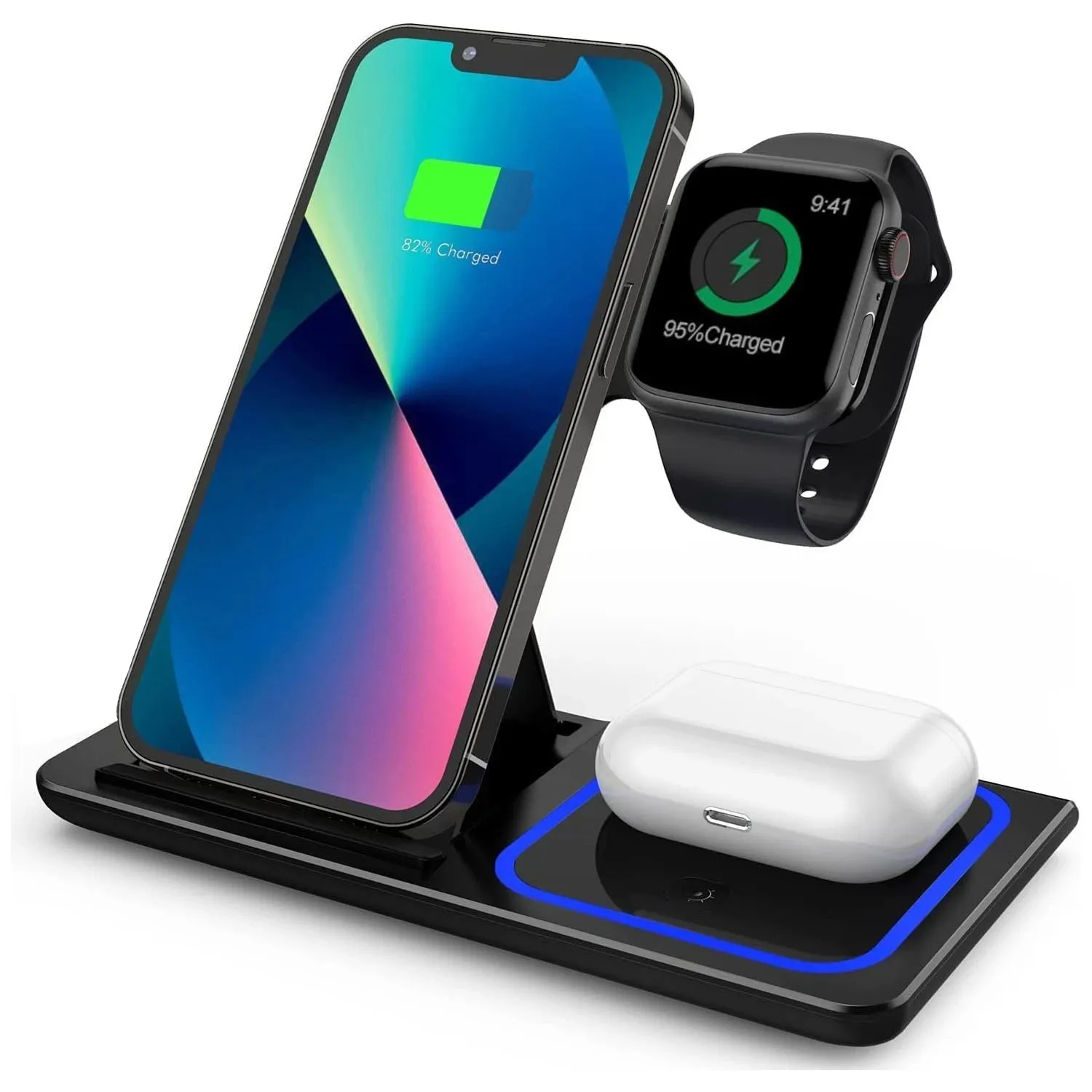 

Магнитная беспроводная зарядная станция 3-в-1 для iPhone 16 15 14 13 12 Pro Max, Apple Watch 8 7, Airpods Pro с быстрой зарядкой