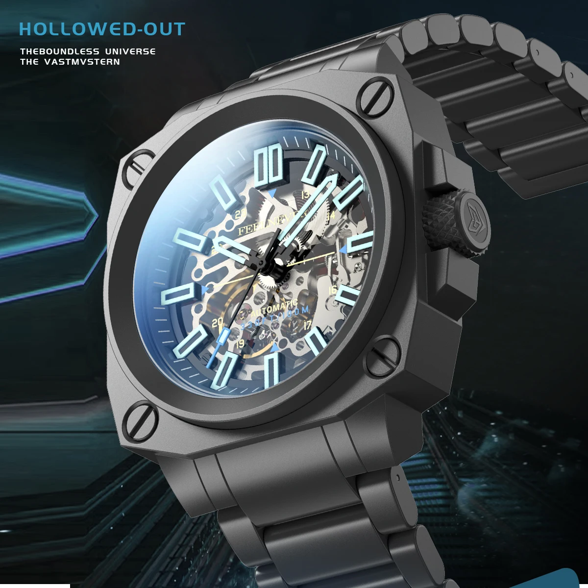 FeelNever Top Brand Mechanical Watch Casual Sports Stainless Band Skeleton Automatic Watches for Men Waterproof Luminous Clocks