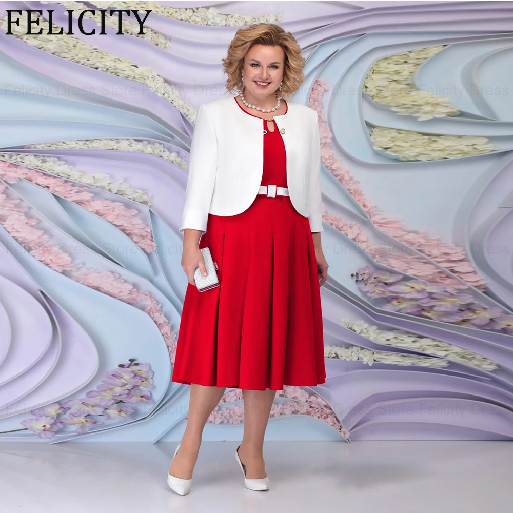 Robe deux pièces pour mère de la mariée, grande taille avec veste, robes d\'Bélées de mariage A-ligne, plissée, longueur thé, ceinture, robe de