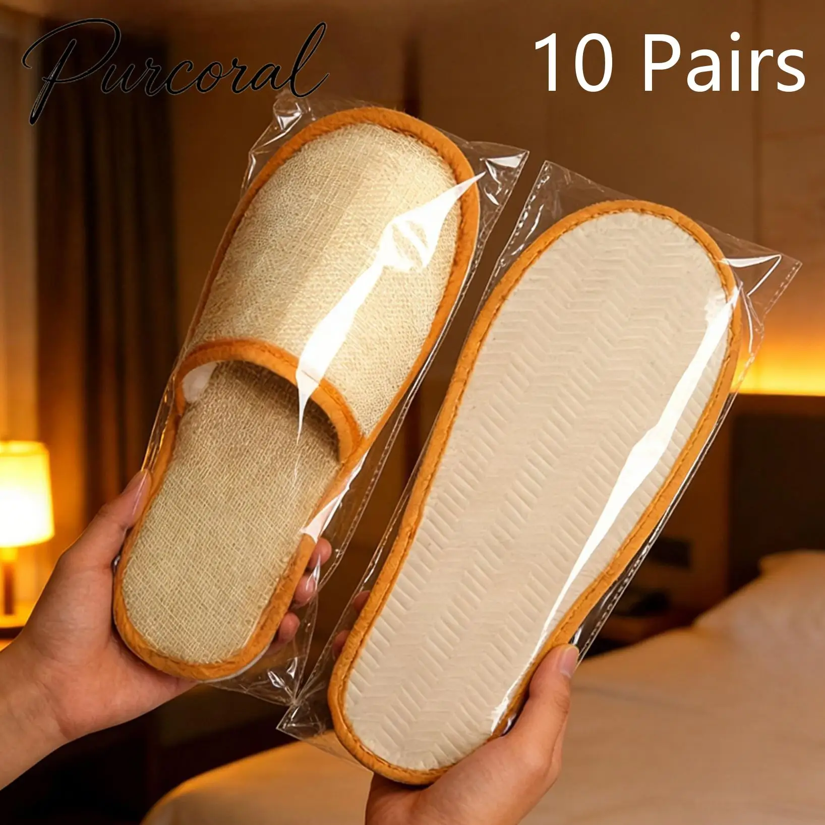 10 Pairs Disposable Linen Hotel Slippers Non Slip Thick Sole Cotton Linen Guest Slippers Portable Travel  Home Bedroom Slippers