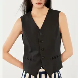 Outer Wear Suit Vest Blouse Ladies Temperament Fashion Casual Senior Sense of Simplicity Versatile V-neck Single-breasted Solid