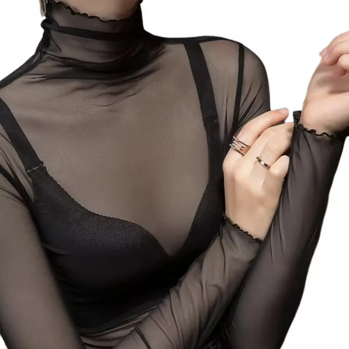 High Neck Sheer Mesh Top Women Clothing Long Sleeve Turtleneck T-shirt Korean Sexy See Through Black White Beige Shirt New image 4