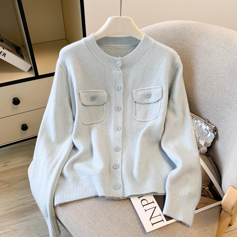 

Осень 2022, новый женский вязаный шерстяной свитер, круглый, свободный, простой, высококачественный, из полиэфирного волокна, 00%