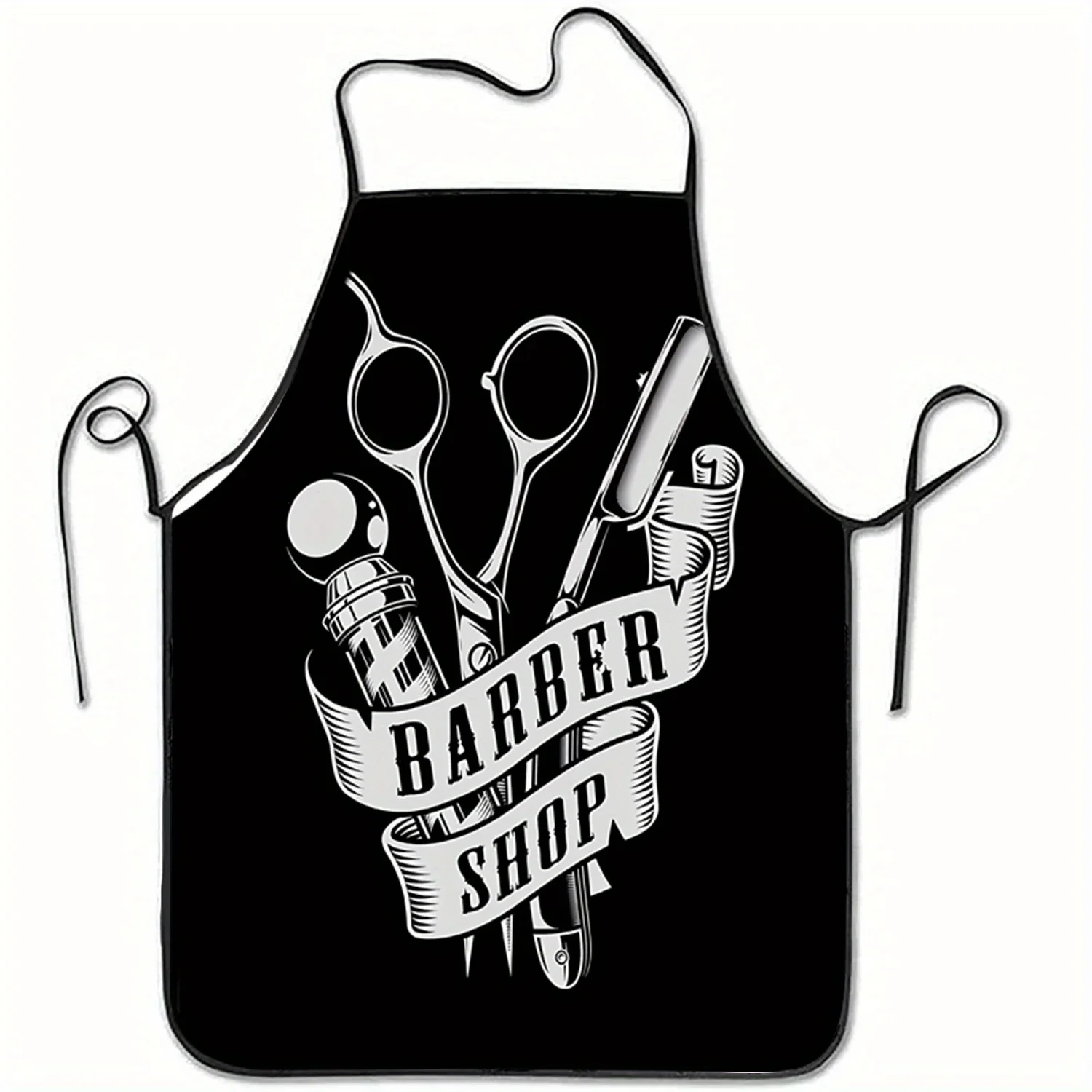 1pc Barber Shop Sign Design Sleeveless Polyester Apron - Black White Vintage Barber Tools Print, Unisex Kitchen Baking Apron