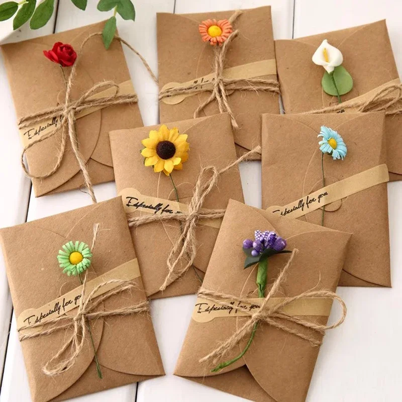 5pcs Mini Flower Envelopes with Paper Card Vintage Envelopes DIY Kawaii Christmas Party Holiday Postcards Invitation Cards Cover