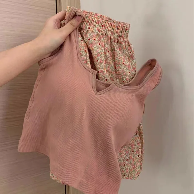 New with chest pads, suspenders, pajamas, women's summer floral shorts, inner and outer vest, popular loungewear set