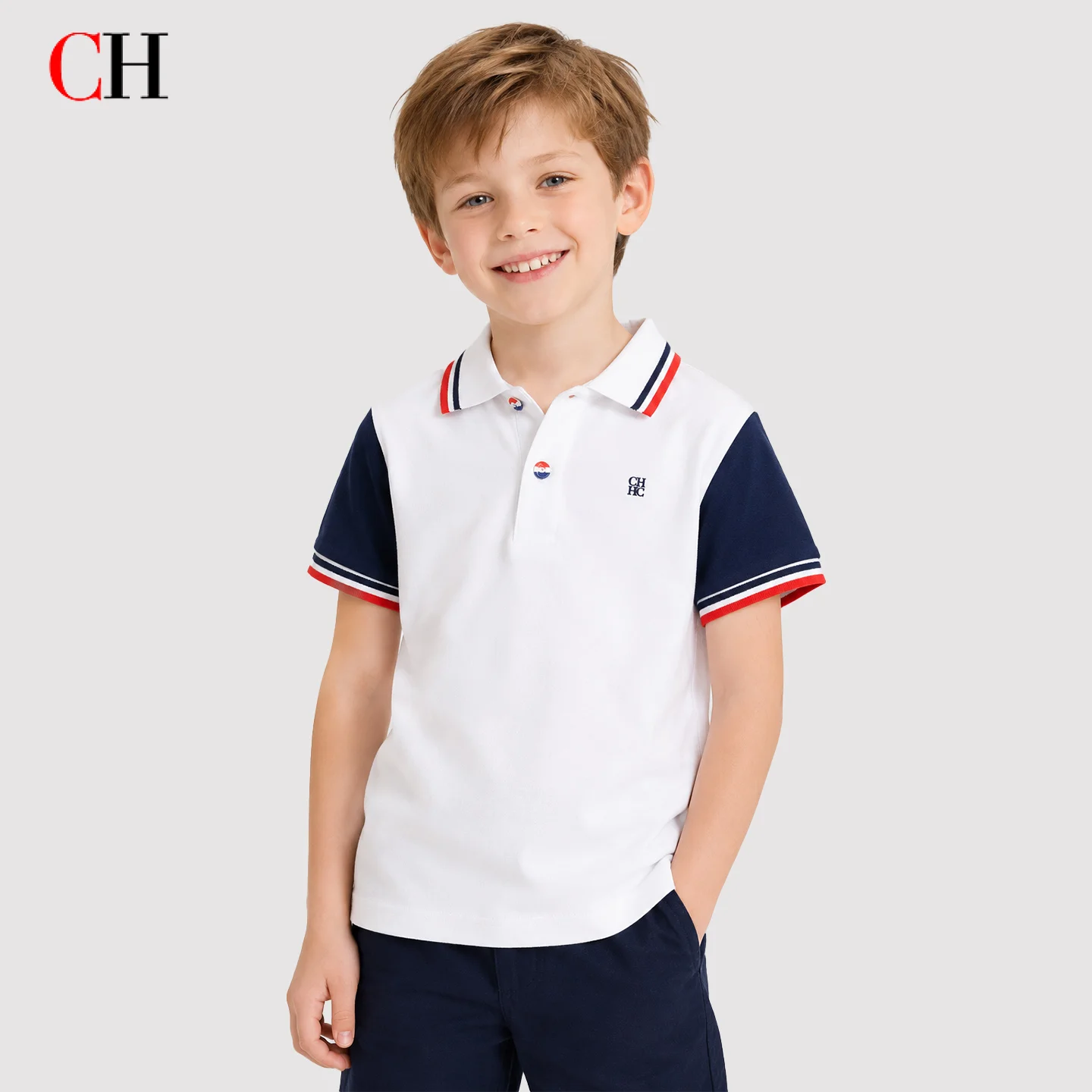 CH Kids Embroidered Logo Polo Shirt Short Sleeve Color Block Sleeves Stripe Collar Cuffs School Daily Wear