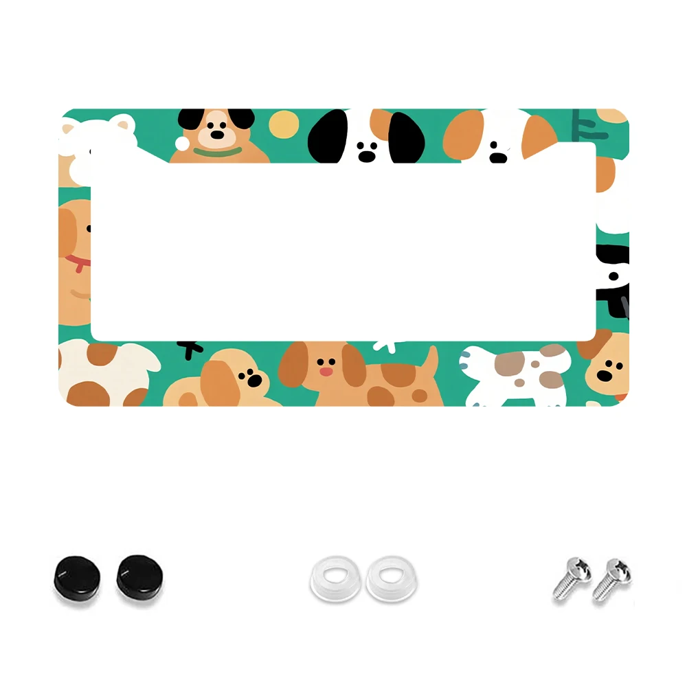 

1pc Green Colorful Dogs Pattern 2 Hole License Plate Frame, Aluminum Material, 6x12 Inches, with Screw Set, Cartoon Fun Car Dec