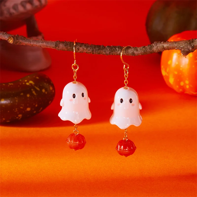 Niedliche Halloween-Harz-Geister-Ohrstecker für Damen, modische Cartoon-Kürbis-Anhänger-Piercing-Ohrringe, Schmuckgeschenke – Detail 33