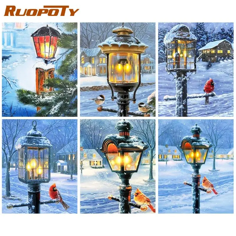 

RUOPOTY Diy Painting By Numbers Handicrafts Winter Street Lamp Bird Painting Numbers Adults Crafts Landscape Gift Picture Draw