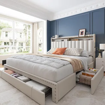 Estrutura de cama queen com 3 gavetas, estrutura de cama queen size com cabeceira estofada e armazenamento, prateleiras de 2 camadas, 1100LBS