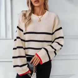 Women Sweaters Long Sleeve Round Neck Knitted Pullovers Striped Jumpers High Street Loose Casual Patchwork Autumn 2024