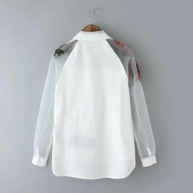 Women Fashion Blusas Elegant Organza Flower Embroidery Long Sleeve Shirt Blouse Casual Tops Plus Size S-3XL