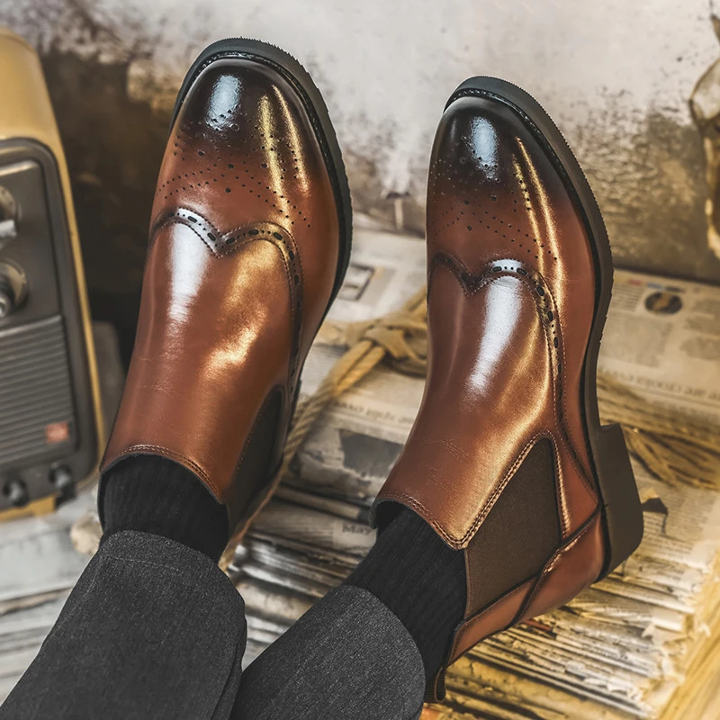 Pointed Toe Vintage Gradient Leather Wingtip Brogue Oxford Dress Shoes Lace Up Formal Business Groom Wedding Office Work Shoes