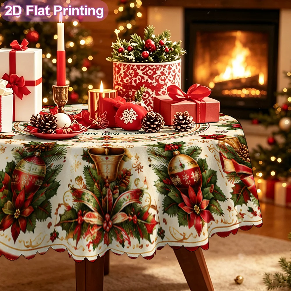 2D flat model 1 piece, round tablecloth, Christmas bell poinsettia round pattern - holiday family dinner
