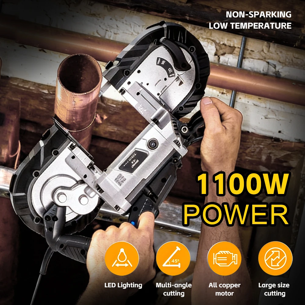 

Портативная ленточная пила мощностью 1100 Вт — 0-45 ° Угловой станок для резки металла и дерева, небольшой ручной ленточный станок со светодиодной подсветкой для домашнего использования