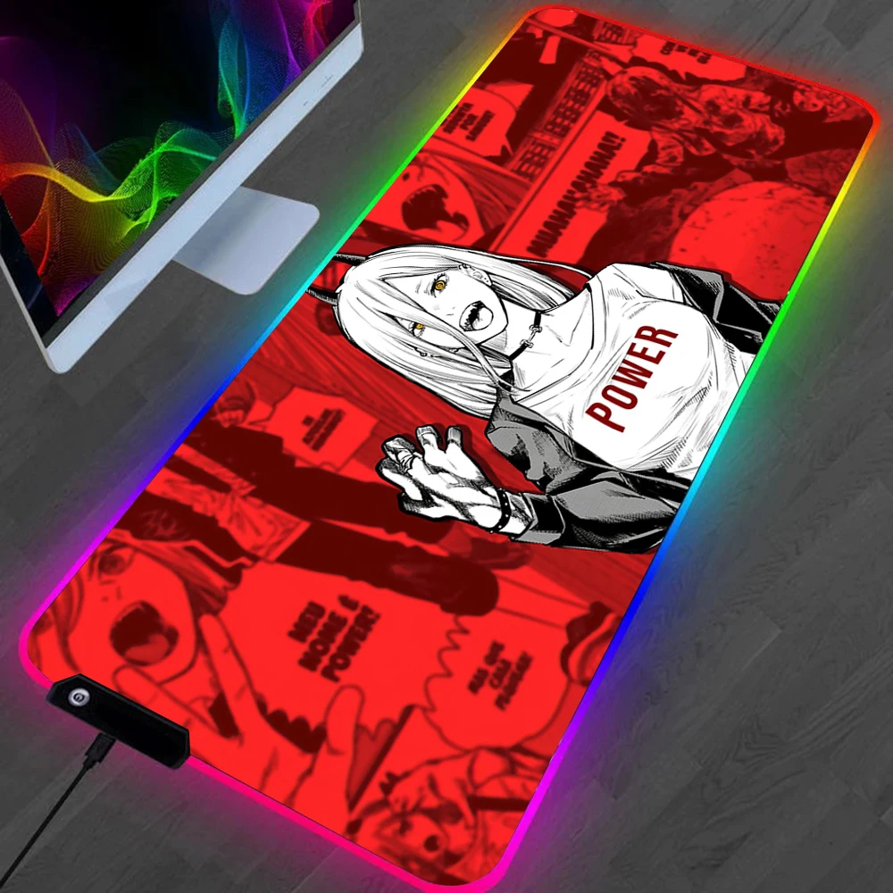 Anime Chainsaw Man LED Gaming Mousepads Large Desk Mat PC Gamer XL Mousepad RGB Mouse Pad Luminous Mouses Mice Mats