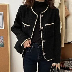 White Luxury Vintage Crop Tweed Jacket Women Sping Elegant Korean Fashion Coats Single Breasted Outwear Solid Long Sleeve Abrigo