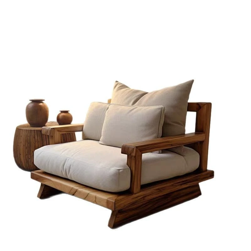 Wabi Sandy Wind Solid Wood Sofa Chair Elm Homestay Hotel Living Room Meditation Chair Meditation Solid Wood Single Sofa Chair