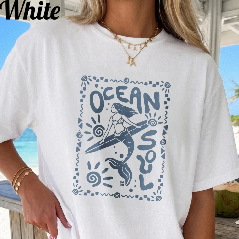 Ocean Soul Mermaid Graphic Tee Surfing Girl Summer Beach Vacation Line Art Women Men Cotton Tops Summer Fashion Outdoor Clothing