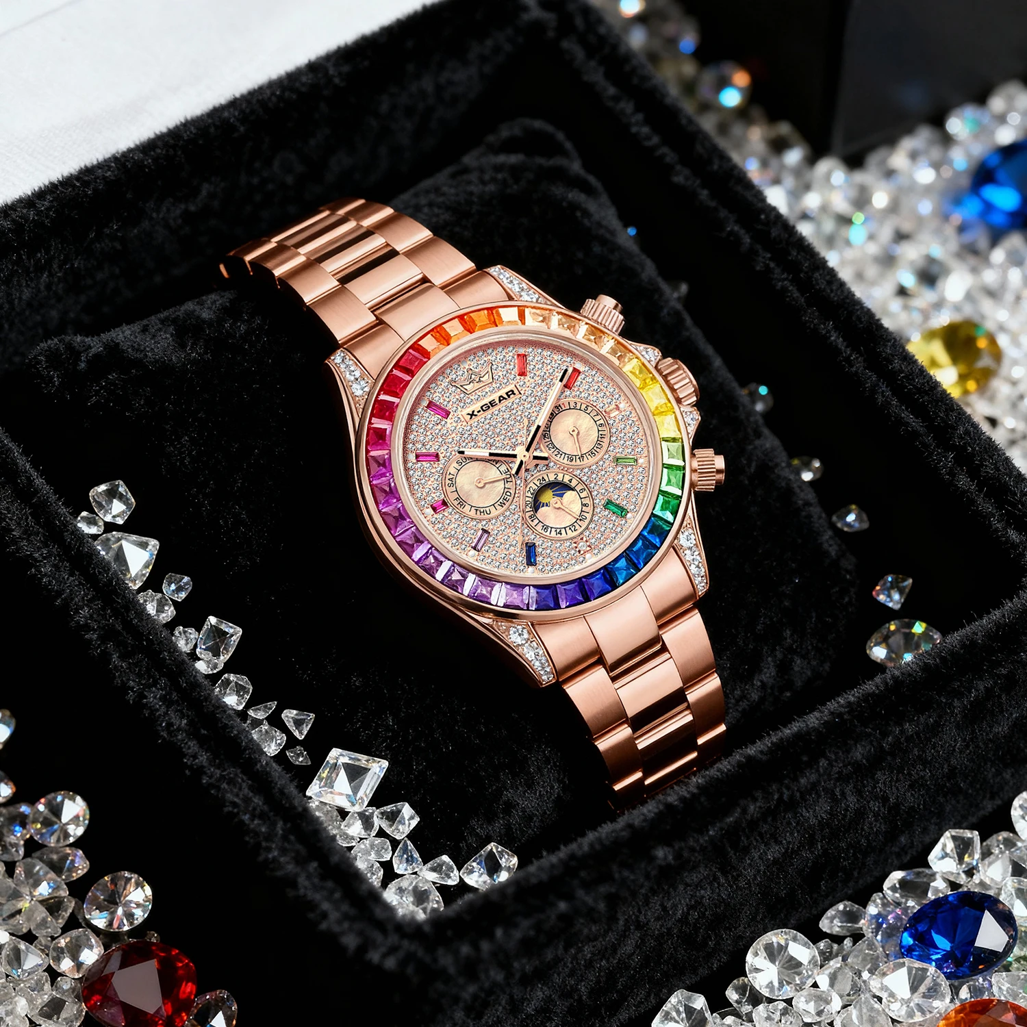 Relógio masculino X-GEAR mecânico automático com mostrador de diamante fase da lua luminosa resistente à água (presente)