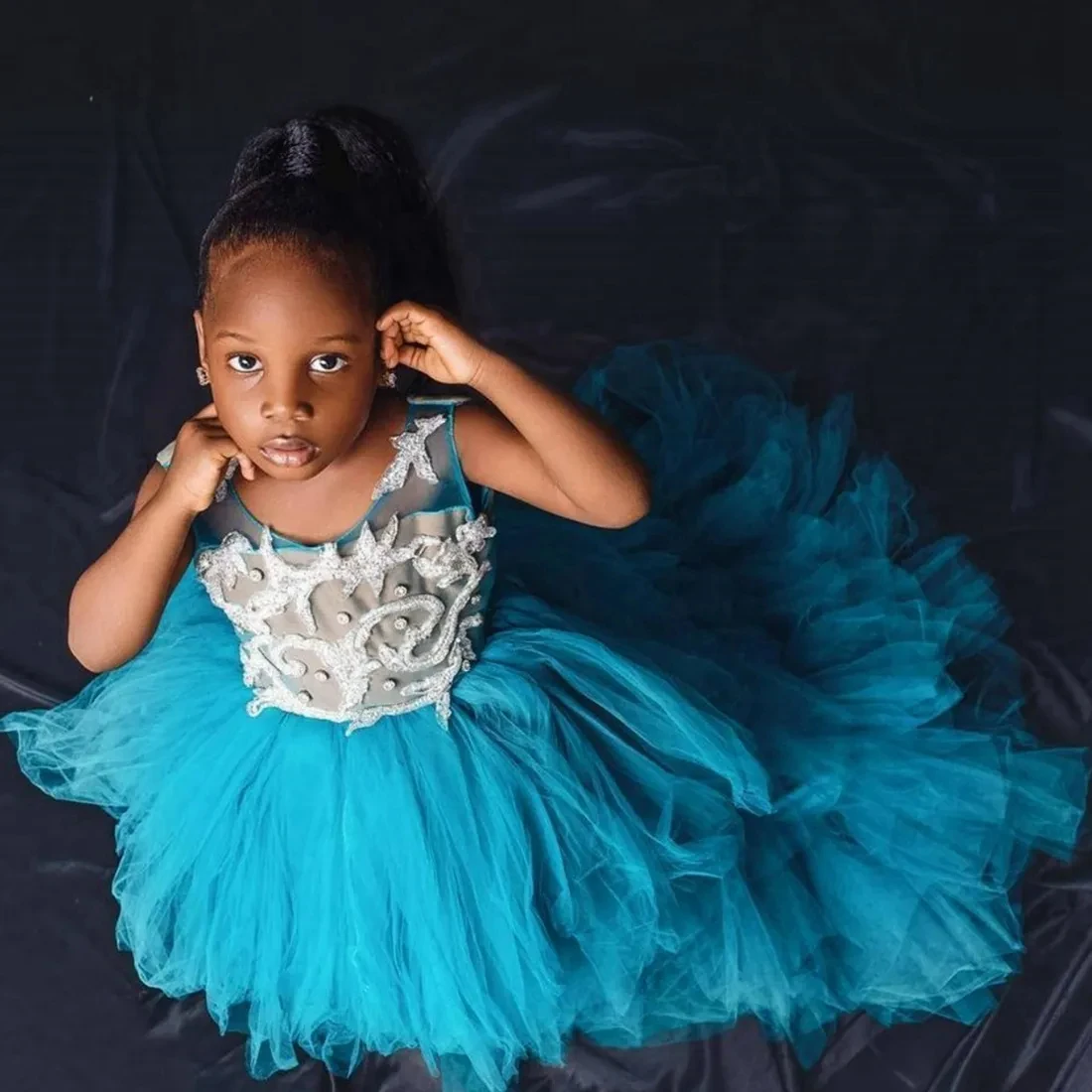 Vestidos de tul de encaje para niña, vestido de desfile, fiesta de primer cumpleaños, boda, alto, bajo, azul