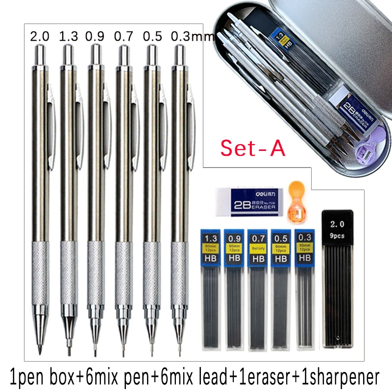 

Metal Mechanical Pencil Set wtih Pen Box Leads Eraser and Pencil Sharpener 0.3 0.5 0.7 0.9 1.3 2.0mm Art Sketch Painting Pencil