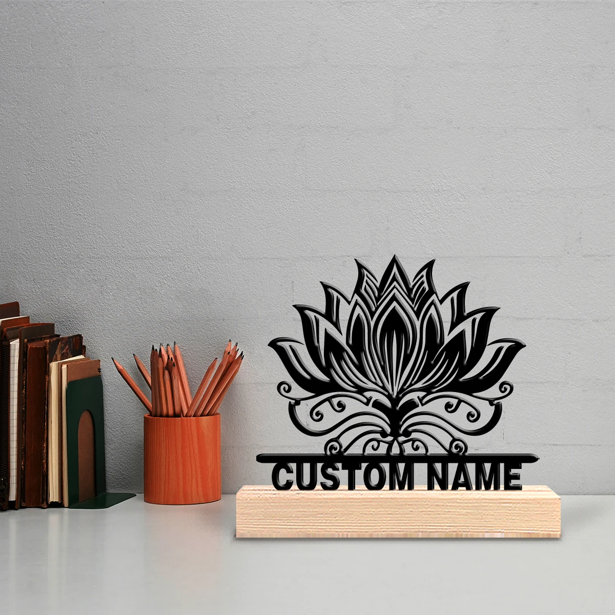 1pc Simple Lotus Silhouette Customizable Name Tin Statue Metal Ornament Tin Sculpture With Wood Base Art Crafts With Wood Base
