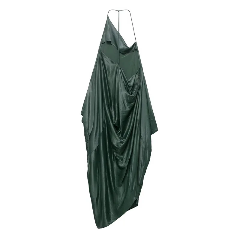Women's Dark Green Asymmetrical Sleeveless Long Dress Summer Sexy Backless Fashion Slanted Collar Female Decorative Clothing