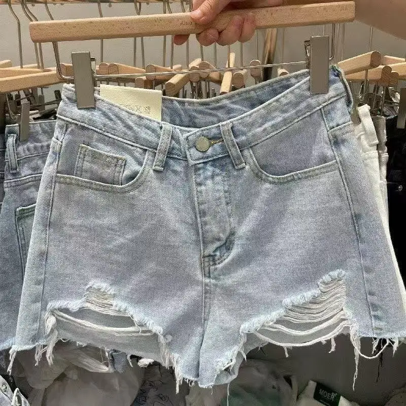 

2026 New Fringed Light-colored Denim Shorts Women With High Waist A-shaped Burrs Summer Are Thin Casual All-match Jeans Female