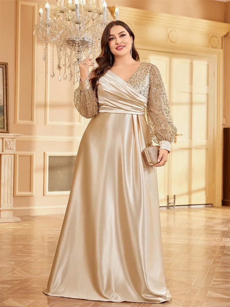 Plus Size Luxury V-Neck Sequins Splicing Evening Dresses Elegant Women Bridesmaid Party Long Sleeve Cocktail Gowns