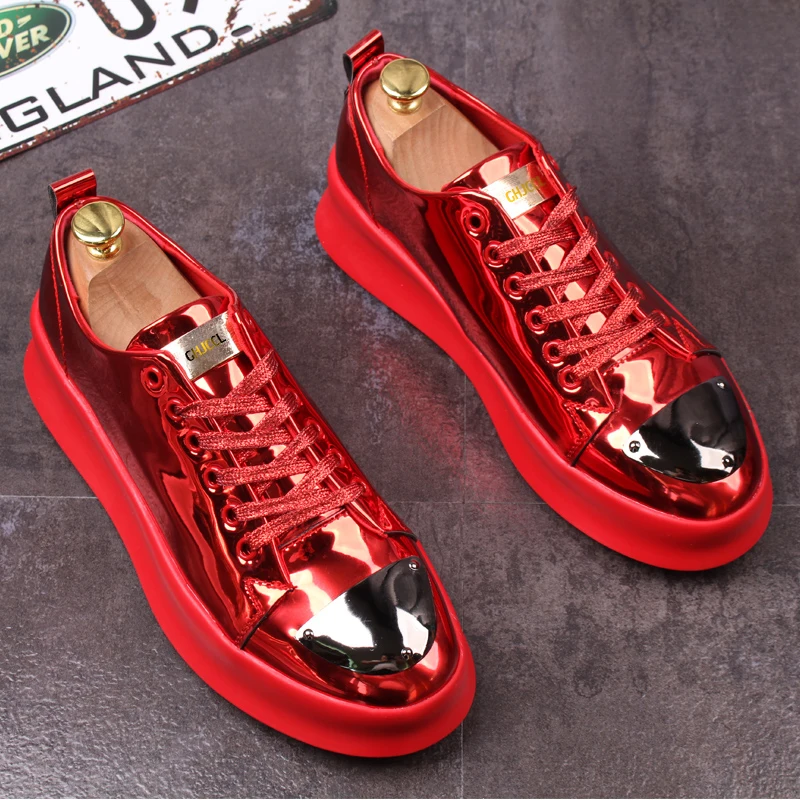 

Luxury loafers patent leather gold platform pumps with high low tops men's shoes red soled hip hop sneaker Chaussure Homme A6