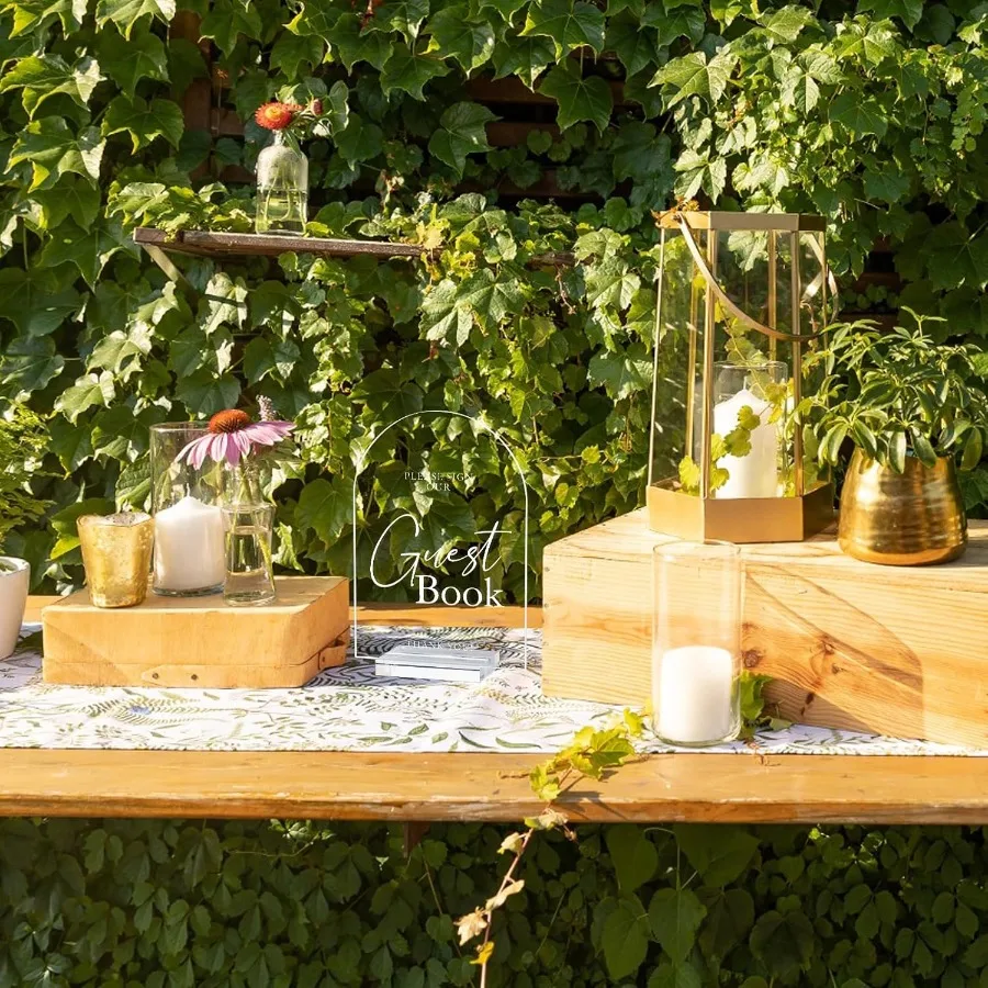 علامة كتاب الضيوف على شكل قوس أكريليك 5 × 7 Ih بطاقات زفاف شفافة 1 8 خط حديث سميك وحامل حروف بيضاء مقوسة من الأكريليك C