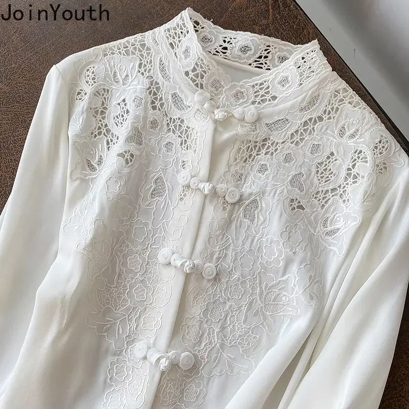 Temperament Blouse Women Chinese Lace Embroidery Shirts Chic Hollow Out Vintage Long Sleeve Blouses Tops White Blusas De Mujer