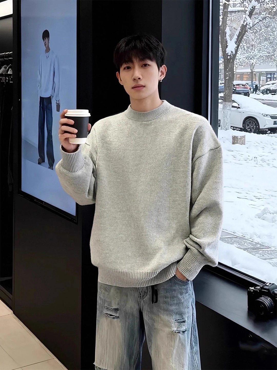 

Light ey American Sle round Ne Knitwear Men's Autumn Winter Fce Lined Base Layer Loose Fit Comfortable Innerwear Swe...