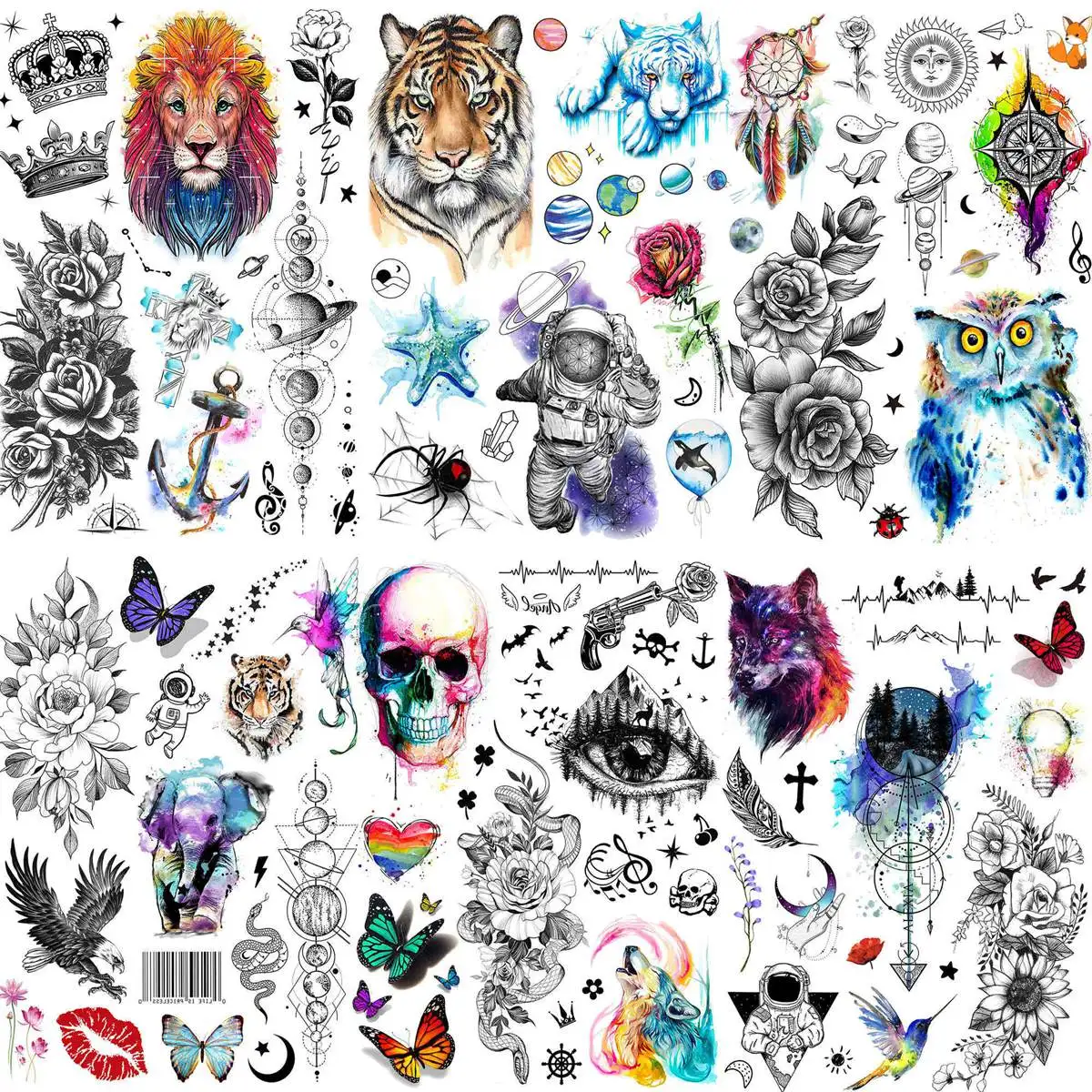 6 Sheets Watercolor Lion Tiger Wolf Temporary Tattoos For Women Men Arm Tattoo Stickers Fake Flower Skeleton Temp Tatoos Decals