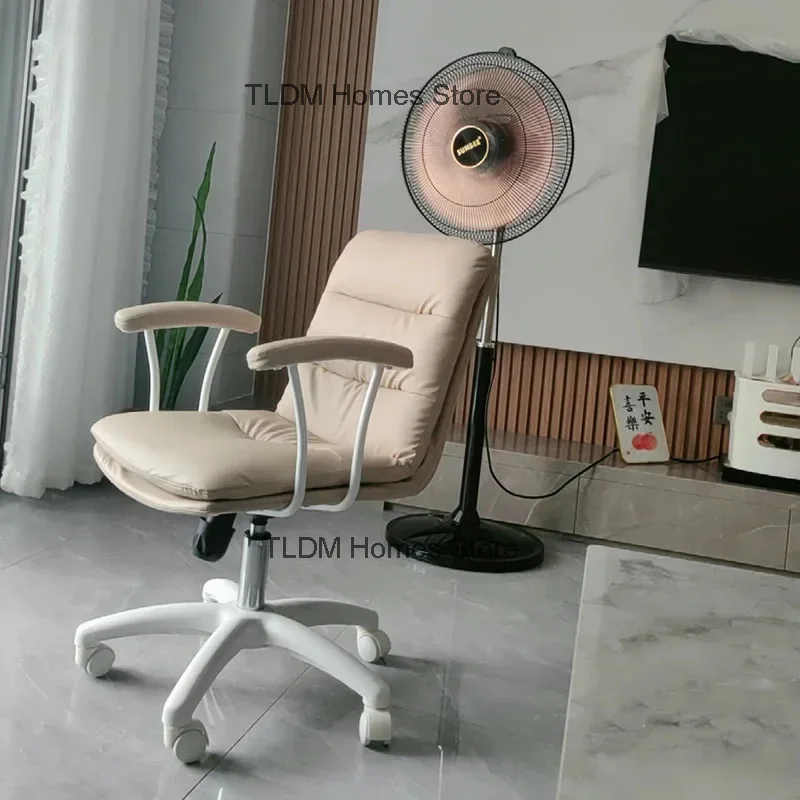 Italian Leather Office Chairs Home Bedroom Computer Chair Light Luxury Cream Style Office Meeting Backrest Armrest Gaming Chair image 5