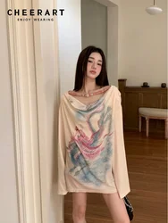 CHEERART Illustration Designer Graphic T Shirts Women Cowls Long Sleeve Tees Knit Fashion Top Fall Clothes 2024 Women