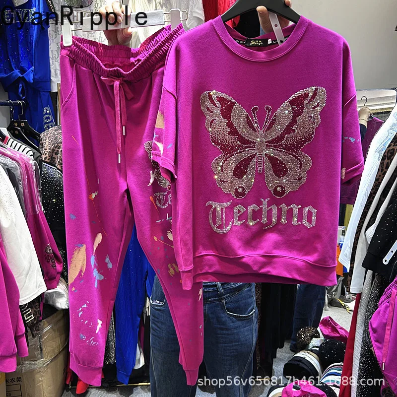 

Fashion Spring Summer Women Two-piece Set Hot Diamonds Butterfly Loose Short Sleeve T-shirt Top+Elastic Waist Casual Harem Pants