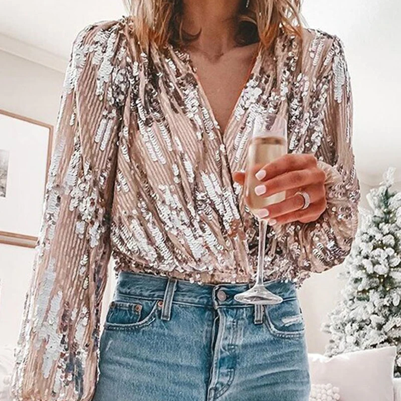 2022 Spring Women Popular Sequins V Neck Blouse Office Lady Elegant Lantern Sleeve Shirt New Autumn Fashion Slim Tops Pullover