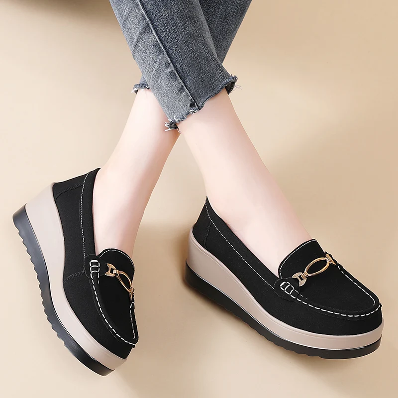 Women Flat Platform Loafers Ladies Elegant Suede Leather Moccasins Shoes Woman Slip On Moccasin Women's Black Casual Shoes