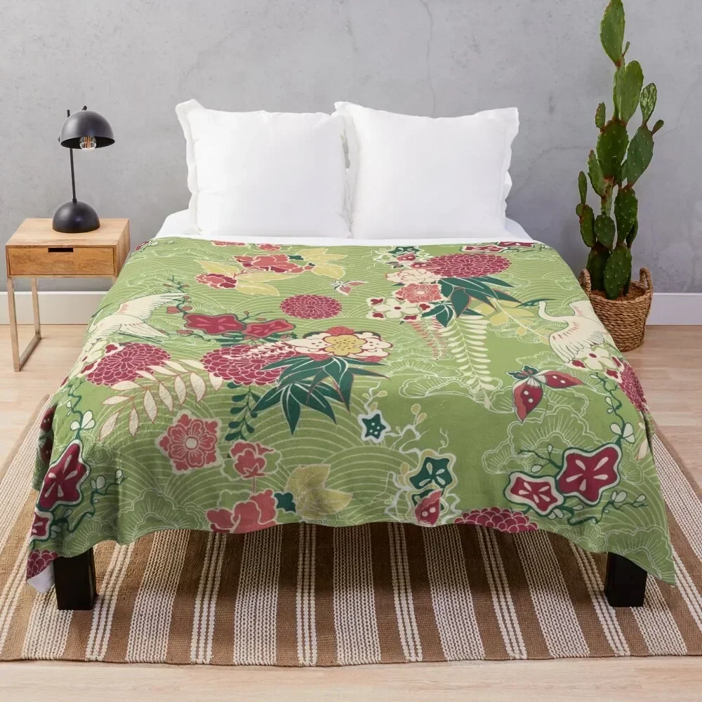 

Japanese pattern of flying heron surrounded by flowers Throw Blanket Stain Resistant Cozy Warm Blanket