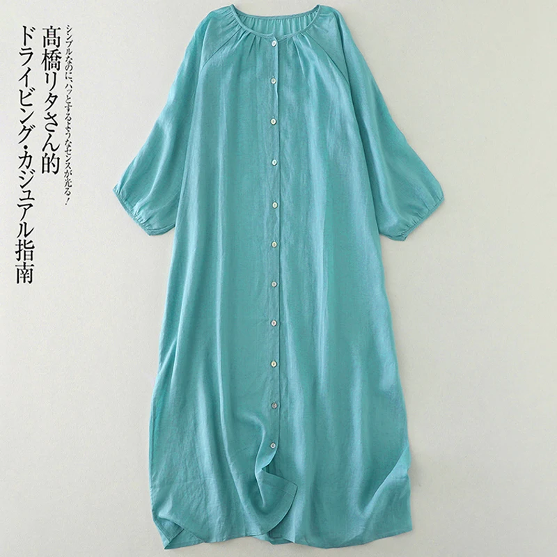

Женское повседневное однобортное платье свободного покроя, летнее однотонное синее дышащее длинное платье для отпуска с круглым вырезом и коротким рукавом, X1456