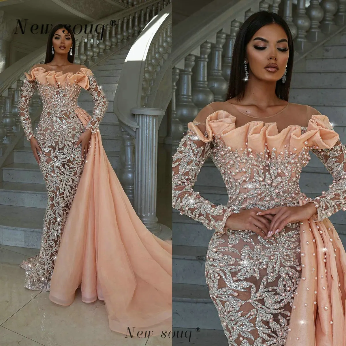 

Arabic Peach Long Sleeves Mermaid Evening Dresses with Side Train 2023 Pearls Beaded Elegant Dinner Gowns for Women Party