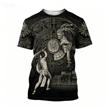 Black and White Maya Feathered Snake God Totem Short Sleeved T-shirt for Men, Retro Exotic Style Casual Top