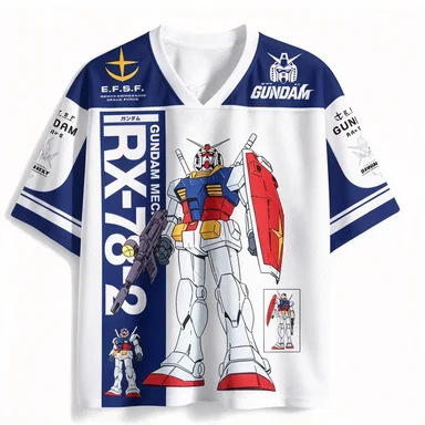 Mobile Warrior RX-78-2V Collar Anime White and Blue Mesh Quick Drying Short Sleeve T-shirt EFSF Mech Pattern Loose T-shirt
