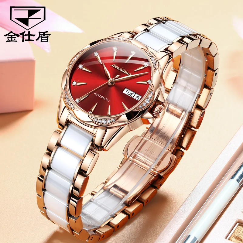 JSDUN Elegant Lady Watches Ceramic Tape Fully Automatic Mechanical Watch Waterproof Week Calendar Red Dial Fashion Female Watch