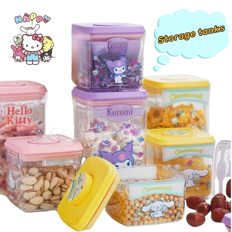 

New Hello Kitty Cinnamoroll Kuromi Movie Peripheral Storage Jar Children's Snacks Candy Sealed Box Multifunctional Storage Jar