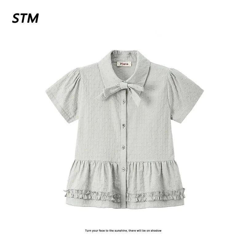 

Women Shirt High-end Designed Sweet Girl Style Japanese Strap Button Polo Collar Short-sleeved Checked Ruffled Puff Sleeve Shirt